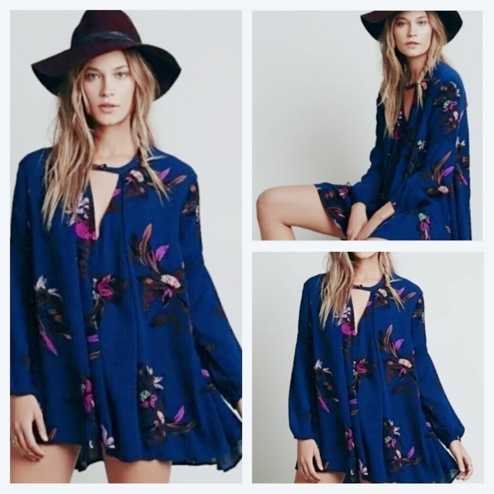 FREE PEOPLE S Tree Swing Tunic Top Mini Dress Blue Floral Cutout Flowy Boho XS